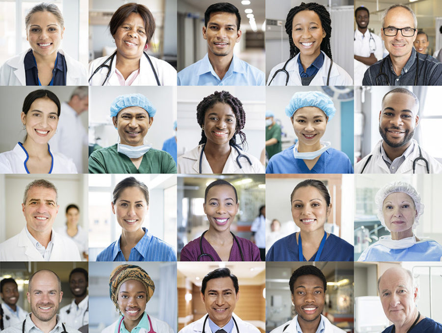 image avec portrait du personnel médical composé de 20 visages d'homme et de femme en tenue de médecin d'infirmier de chirurgien