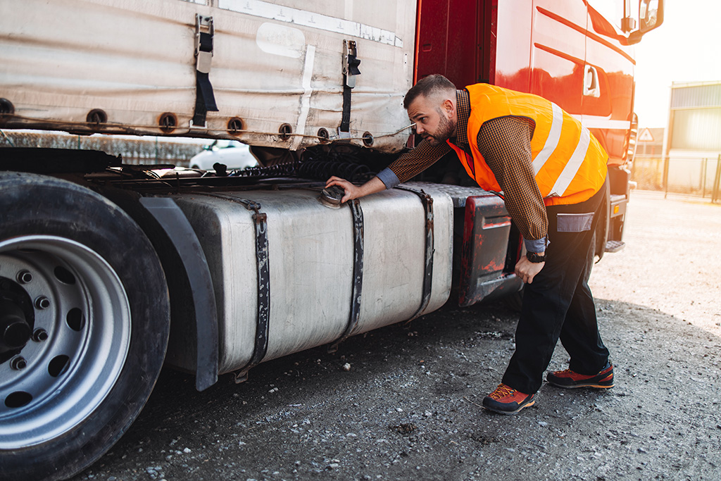 technicien de maintenance de véhicule de transport type poids lourds portant un gilet de sécurité orange et qui est baissé entrain d